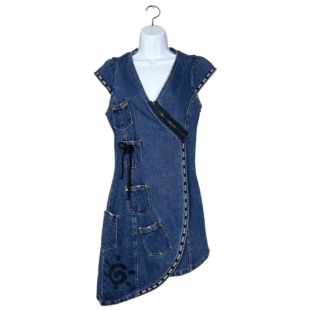 Vintage Y2K Ccomça Denim Mini Wrap Dress Asymmetrical Zip‎ Pockets Size S
